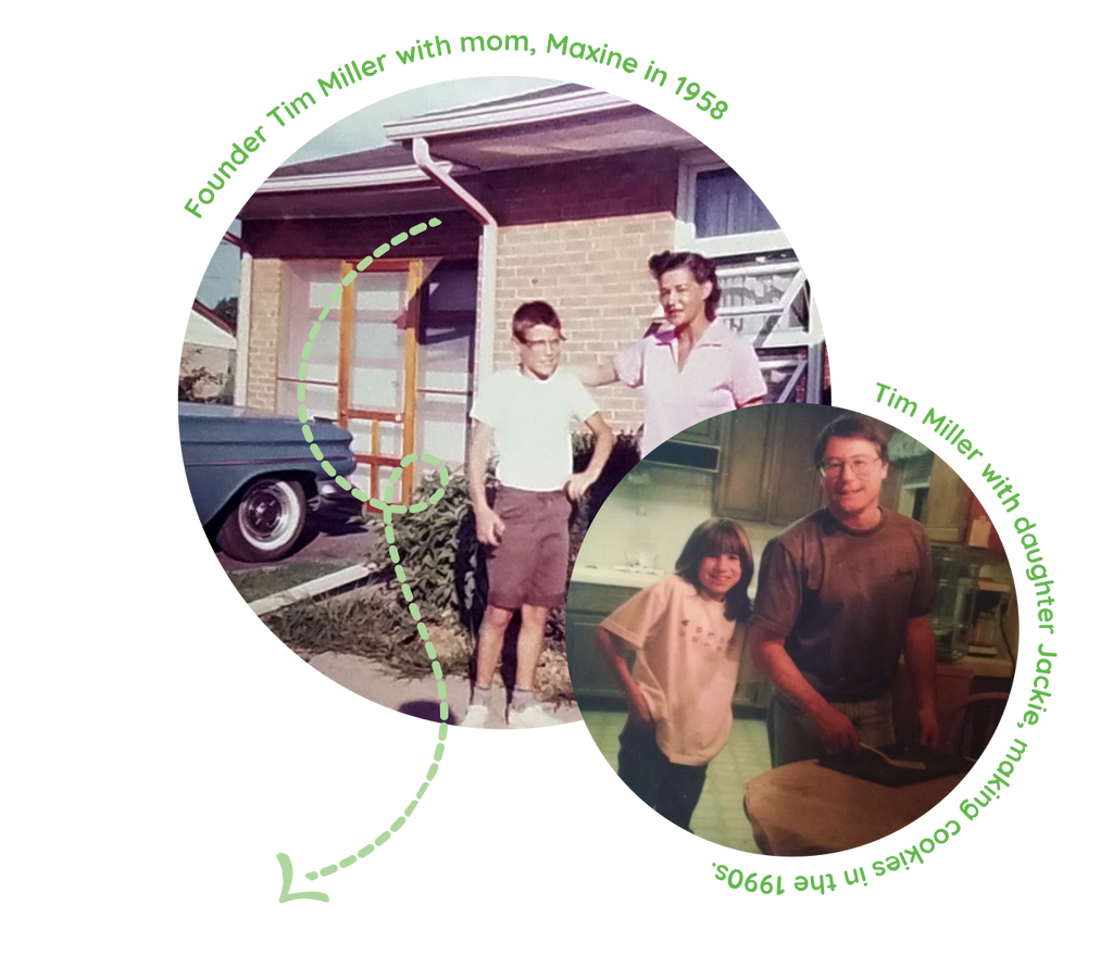Founder Tim Miller with mom, Maxine in 1958 and Tim Miller with his daughter making cookies in the 1990s.