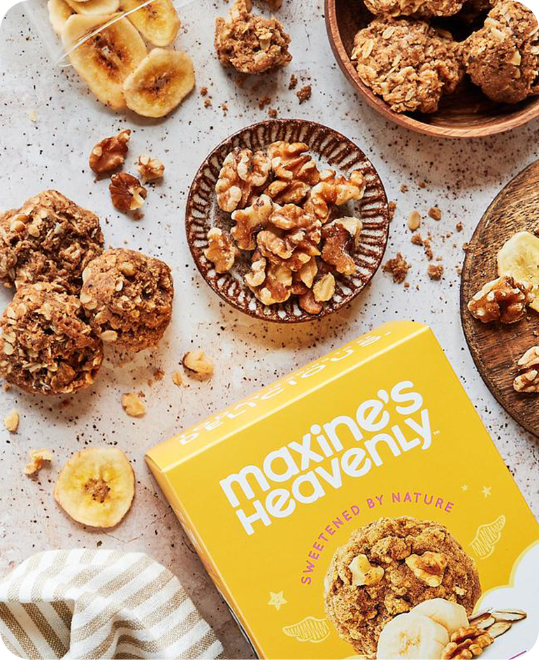 Box of Maxine's Heavenly Walnut Banana Bread Cookies and Walnuts and Sliced Bananas